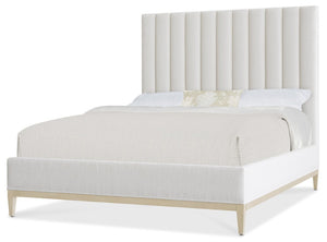 Hooker Furniture Cascade Queen Upholstered Bed With Channeled Headboard, Wolf Pearl Fabric & Terrain Oak Base 88.50 L x 65.25W x 62.00H 6120-90350-80