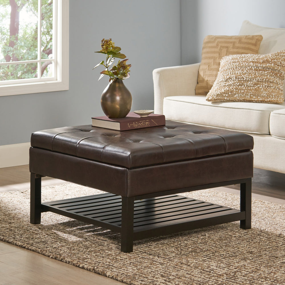English Elm Christopher Knight Home® - Storage Ottoman Brown Bonded Leather Coffee Table with Tufted Top, Hidden Storage & Lower Shelf for Living Room (31.25"W x 31.5"D x 18.5"H) 56970.00PU