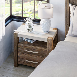 A.R.T. Furniture Stockyard Transitional Bedside Chest With Travertine Top, Usb Chargers, And Ample Storage Drawers Brown Ash And Poplar Solids,Knotty White Oak Veneers,Travertine 284148-2303