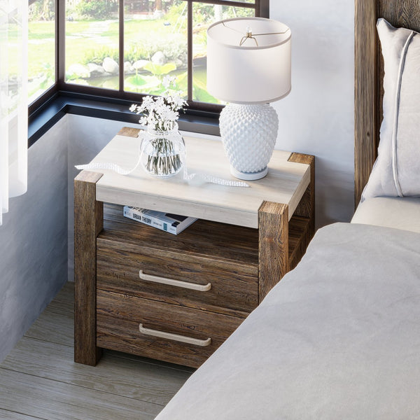 A.R.T. Furniture Stockyard Transitional Bedside Chest With Travertine Top, Usb Chargers, And Ample Storage Drawers Brown Ash And Poplar Solids,Knotty White Oak Veneers,Travertine 284148-2303
