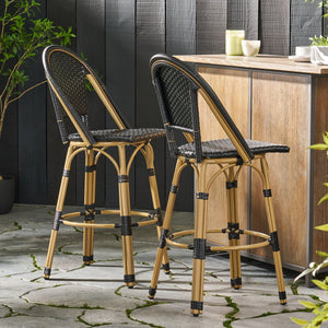 English Elm 29.5" Outdoor Pe Rattan Bistro Barstools Set of 2 Woven Teal French Cafe Style 72606.00BLK