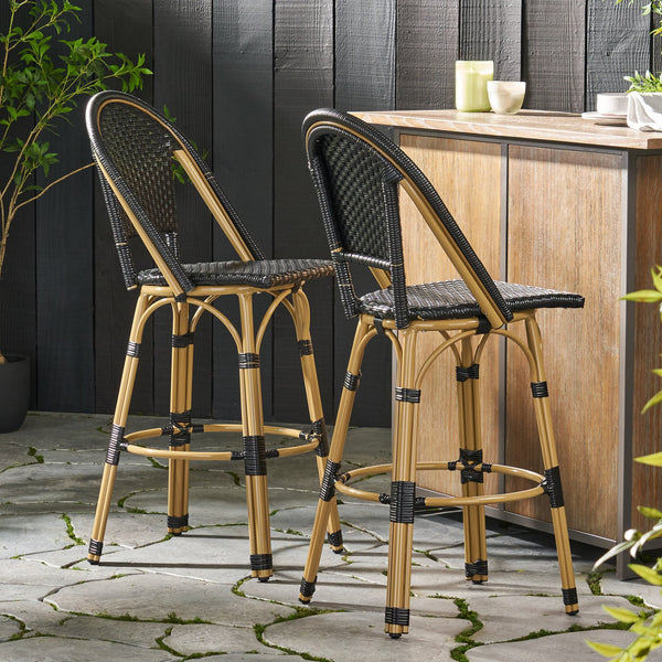 English Elm 29.5" Outdoor Pe Rattan Bistro Barstools Set of 2 Woven Teal French Cafe Style 72606.00BLK