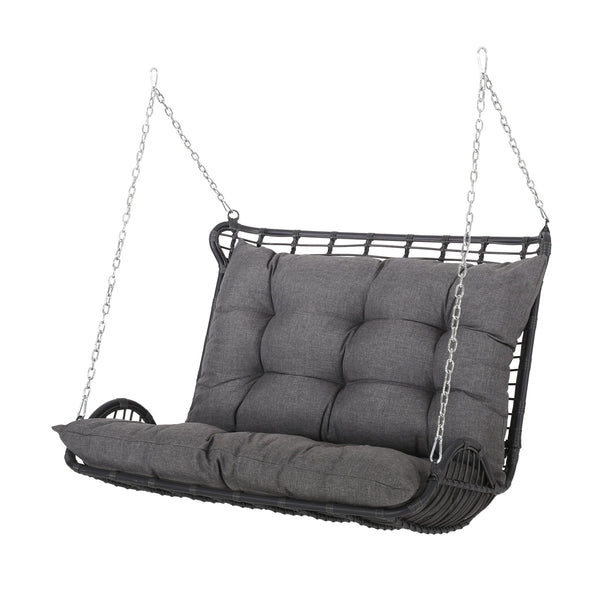 English Elm Christopher Knight Home® - ARRUDA Wicker Porch Swing with Water-Resistant Cushions, Iron Frame, Boho Outdoor Hanging Seat, 800 lb Capacity Grey 70653.00GRY