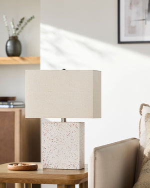 Surya Lorzan Concrete Body Accent Lamp with Linen Shade for Bedside or Console Tables LRZ-001