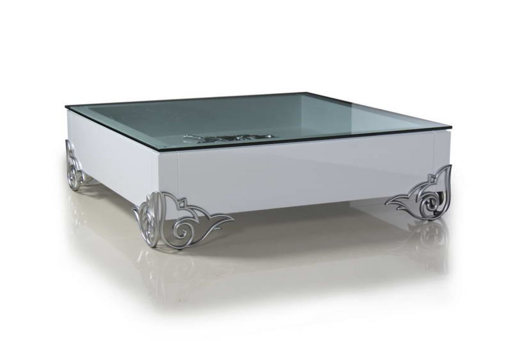 VIG Furniture Ls538 Emma High-Gloss White Lacquer Coffee Table With Glass Top, Floral Motif & Zinc-Alloy Legs VGDVEMMACOFFEE