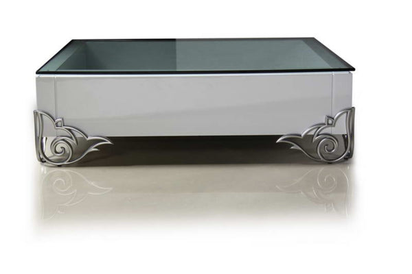 VIG Furniture Ls538 Emma High-Gloss White Lacquer Coffee Table With Glass Top, Floral Motif & Zinc-Alloy Legs VGDVEMMACOFFEE