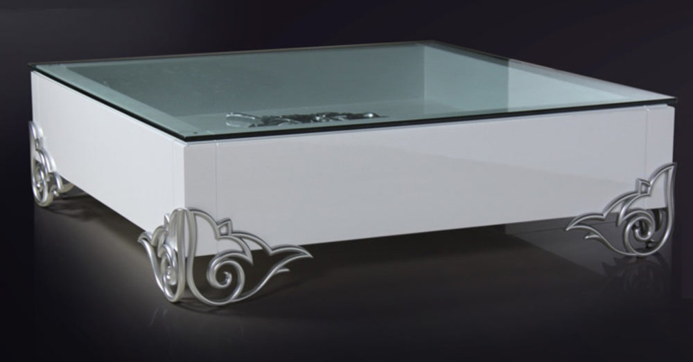 VIG Furniture Ls538 Emma High-Gloss White Lacquer Coffee Table With Glass Top, Floral Motif & Zinc-Alloy Legs VGDVEMMACOFFEE