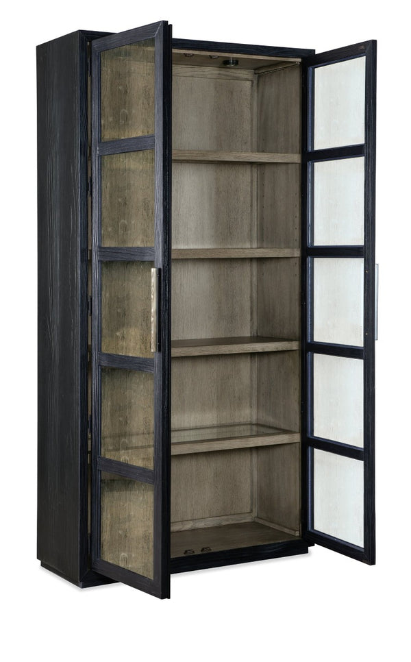 Hooker Furniture Linville Shou Sugi Ban Curio Cabinet — Charred-Black Pine, Mink Interior, Led Puck Lights, Adjustable Shelves 6150-75906-99