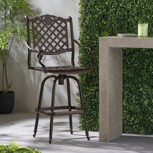 English Elm Cast Aluminum Outdoor Barstool with Diamond Lattice Back and Cabriole Legs Swivel Seat 54393.00COP