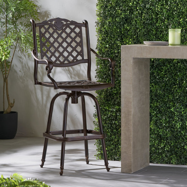 English Elm Cast Aluminum Outdoor Barstool with Diamond Lattice Back and Cabriole Legs Swivel Seat 54393.00COP