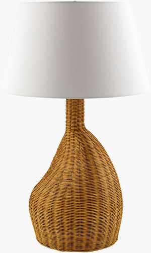 Surya Lesi Accent Table Lamp - 30" Tall Woven Rattan & Linen Shade, Stylish Lighting For Any Room Body, Brown,Shade, White,Finial, Metallic ,Brass,Harp, Metallic ,Brass,Cord, Translucent Rattan,Linen,Metal,Iron Lsi-001