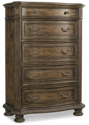 Hooker Furniture Rhapsody Walnut Five-Drawer Chest With Cedar-Lined Bottom, Ornate Acanthus Molding & Distressed Charm 5070-90010