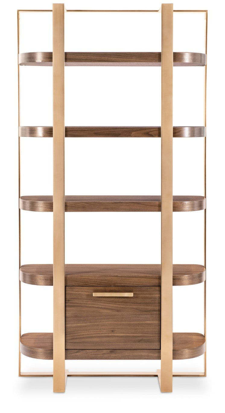 Hooker Furniture Eleana Sculptural Etagere In Light Caramel Walnut With Sunlit Bronze Frame, Locking File Drawer 7252-50003-85