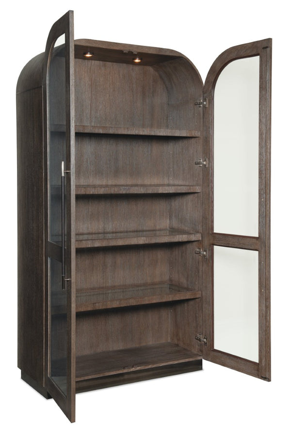 Hooker Furniture Modern Mood Display Cabinet With Integrated Lighting, Quartered Oak Veneer, Leather Pulls, Soft-Close Doors Medium Brown 6850-75906-89