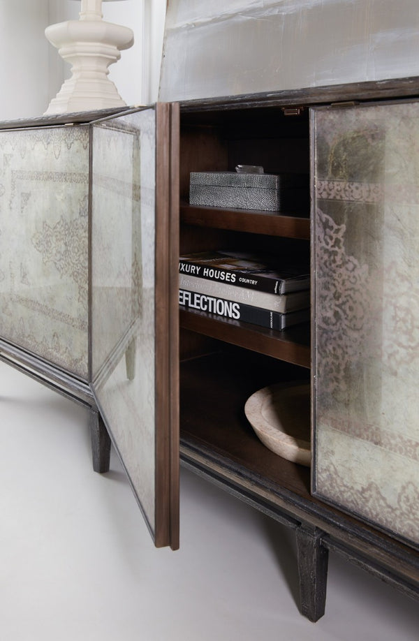 Hooker Furniture Melange Rosella Console With Hand-Painted Eglomise Glass, Soft-Close Storage & Electronics-Ready 638-85463-647