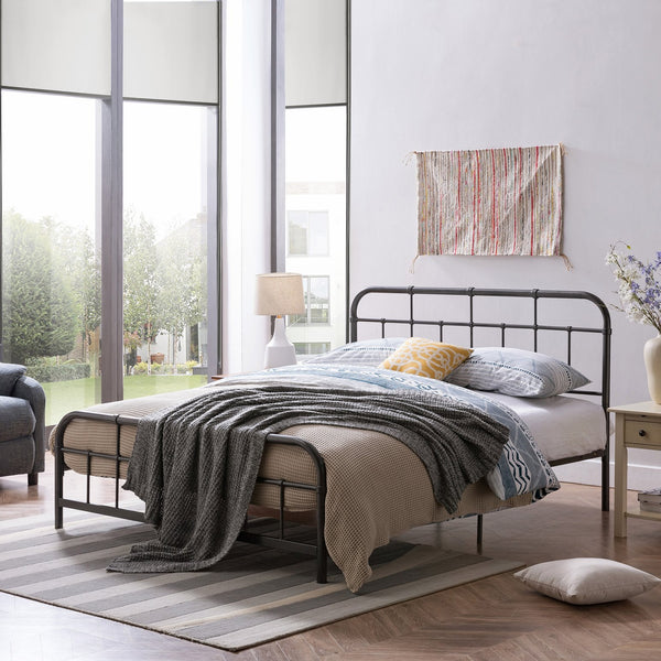 English Elm Queen Iron Platform Bed Pipe Style Frame No Box Spring Needed Industrial Loft Bedroom Charcoal Grey 64072.00CHARGRY-Q