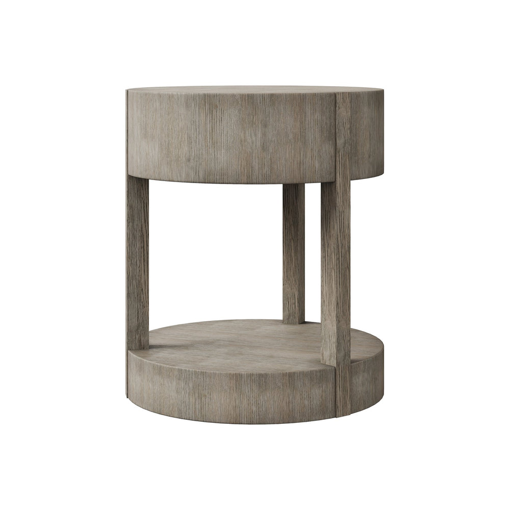 Bernhardt Bernhardt Calder Nightstand In Rustic Gray Quartered Oak — Round Modern Bedside Table W/ Drawer & Shelf 369212