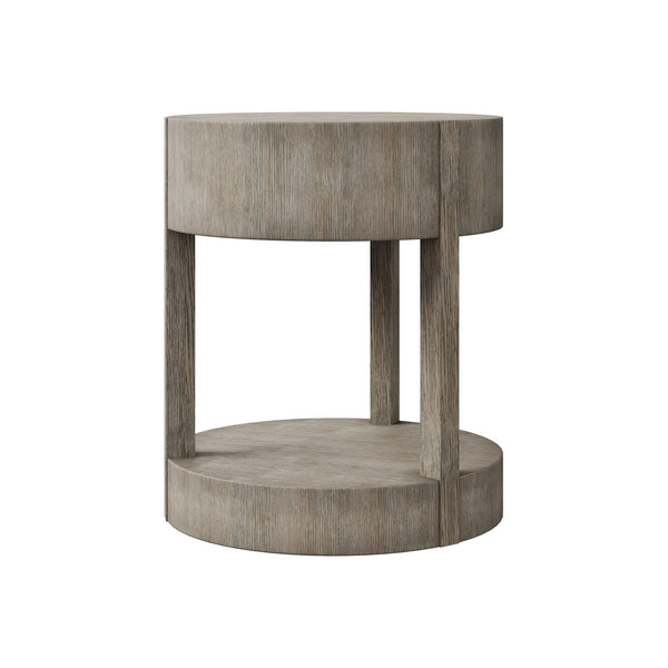 Bernhardt Bernhardt Calder Nightstand In Rustic Gray Quartered Oak — Round Modern Bedside Table W/ Drawer & Shelf 369212