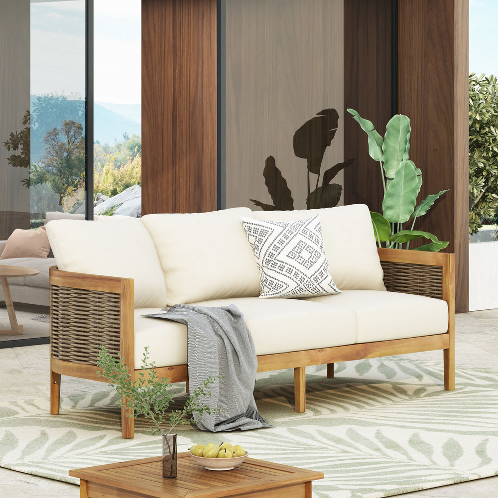 English Elm Christopher Knight Home® - 76.5'' Acacia Wood Round Wicker 3-Seater Outdoor Sofa with Teak Finish, Water-Resistant Beige Cushions 74133.00