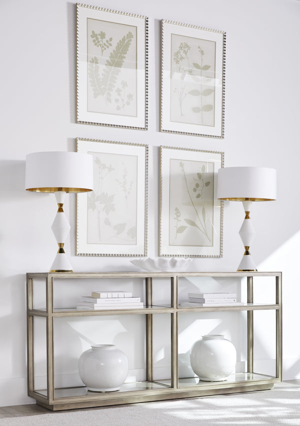 A.R.T. Furniture Cove Glam Console Table: Elegant Tempered Glass Top, Cork Shelves & Rubberwood Base For Modern Style Grey Rubberwood Solids,Primavera Veneer,Glass,Cork 349307-2743