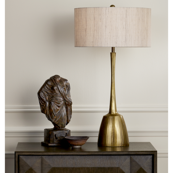 Cheenee Antique Brass Table Lamp – Modern Brutalist Design with Textured Linen Shade, 33.5” Height