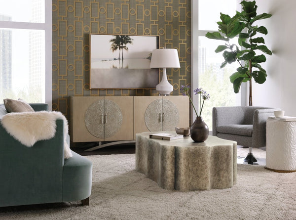 Hooker Furniture Melange Nolita Four-Door Entertainment Console With Champagne & Silver Finish, Soft-Close Doors, Fits 75" Tv 628-55034-15