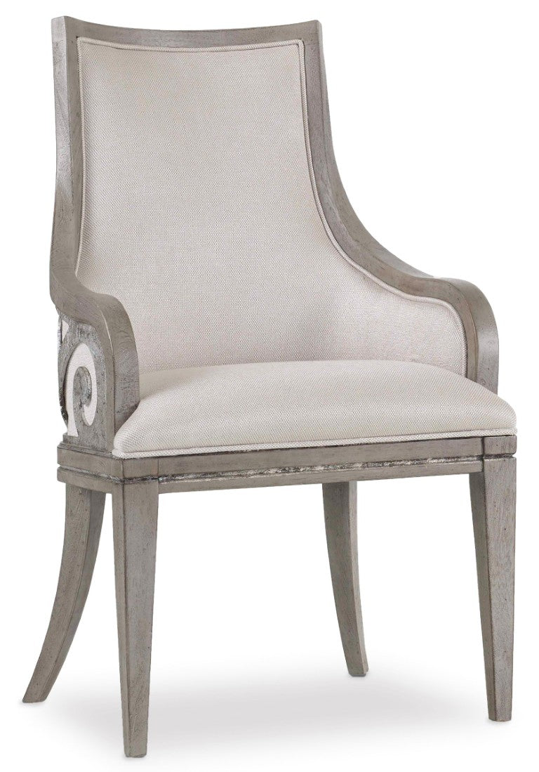 Hooker Furniture Sanctuary Shimmer Bouclé Arm Chair With Scrolled Fretwork Back, Greige Epoque Oak Veneer Finish 5603-75400-LTBR