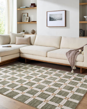 Livabliss La Luna Art Deco Geometric Polypropylene Rug Turkish Woven for Living Room Decor Olive, White 5'3" x 7' LUU2309-575