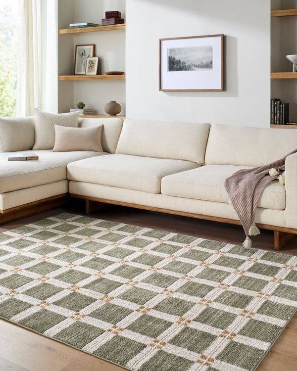 Livabliss La Luna Art Deco Geometric Polypropylene Rug Turkish Woven for Living Room Decor Olive, White 5'3" x 7' LUU2309-575