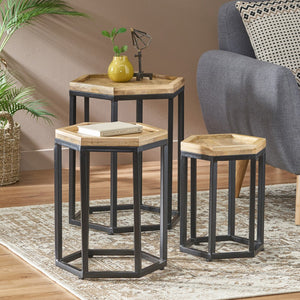 Christopher Knight Home® - Noble House - Morella Modern Industrial Handcrafted Mango Wood Nested Side Tables (Set of 3), Natural and Black