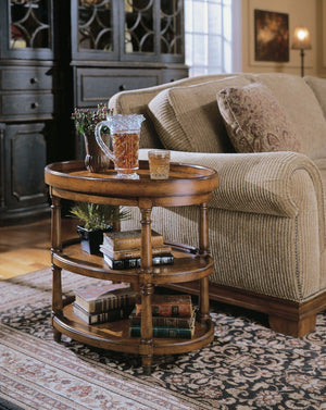 Hooker Furniture Oval Accent Table With Mappa Burl Veneer, Removable Serving Tray, Brass-Capped Legs & Open Shelves 500-50-590
