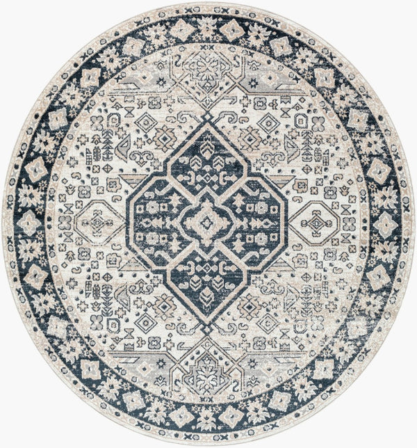 Livabliss Lavadora Machine Woven Polyester Runner Rug Traditional Medallion Pattern for Hallways Black, Ink Blue 6'7" x 6'7" LVR2324-67RD