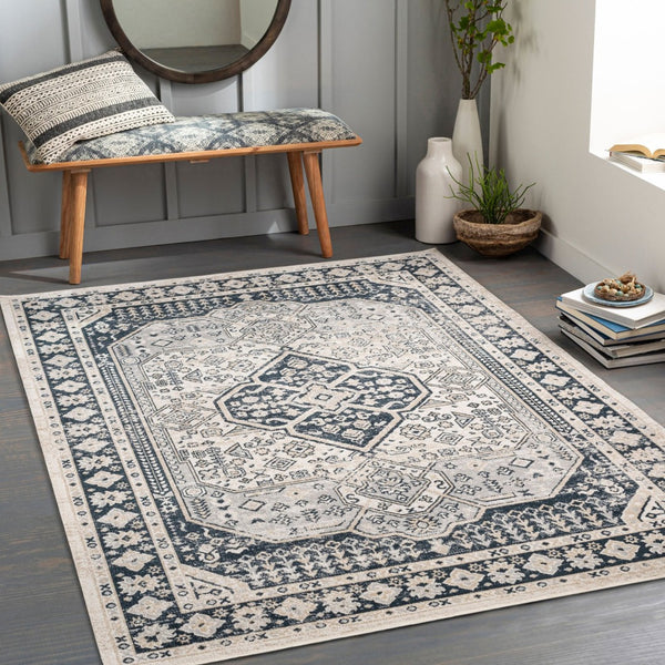 Livabliss Lavadora Machine Woven Polyester Runner Rug Traditional Medallion Pattern for Hallways Black, Ink Blue 9'2" x 12' LVR2324-9312