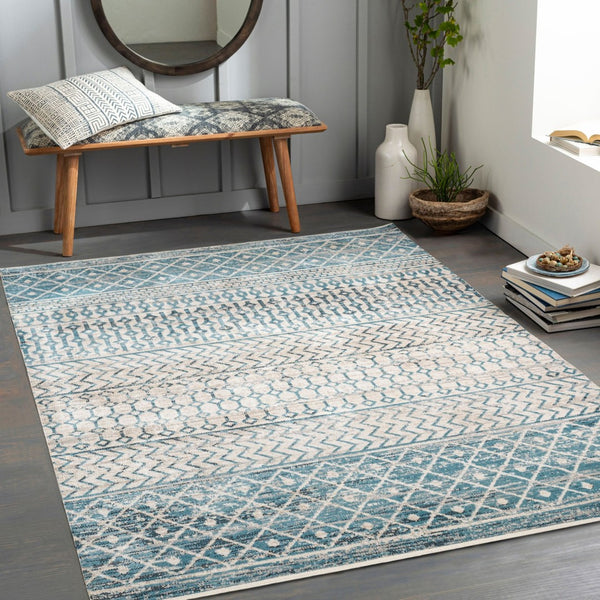 Livabliss Lavadora Global Pattern Runner Rug Turkish Woven Polyester for Entryway Hallway Ink Blue, Black 9'2" x 12' LVR2334-9312