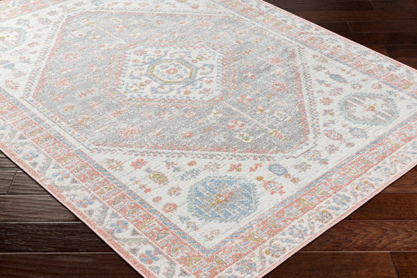Livabliss Lavadora Traditional Low Pile Polyester Area Rug for Living Room Dining or Entryway Ivory, Plum 6'7" x 6'7" LVR2348-67RD