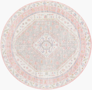 Livabliss Lavadora Traditional Low Pile Polyester Area Rug for Living Room Dining or Entryway Ivory, Plum 6'7" x 6'7" LVR2348-67RD