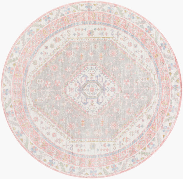 Livabliss Lavadora Traditional Low Pile Polyester Area Rug for Living Room Dining or Entryway Ivory, Plum 6'7" x 6'7" LVR2348-67RD