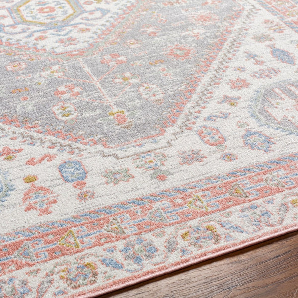Livabliss Lavadora Traditional Low Pile Polyester Area Rug for Living Room Dining or Entryway Ivory, Plum 6'7" x 6'7" LVR2348-67RD