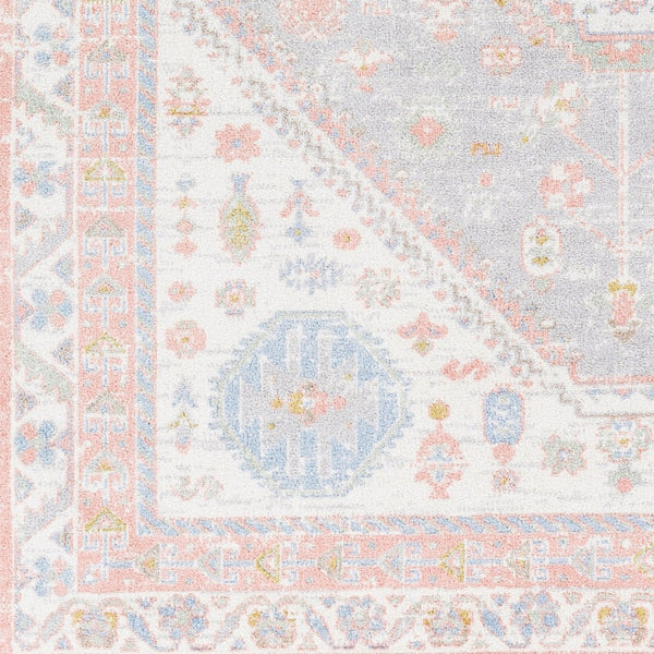 Livabliss Lavadora Traditional Low Pile Polyester Area Rug for Living Room Dining or Entryway Ivory, Plum 6'7" x 6'7" LVR2348-67RD