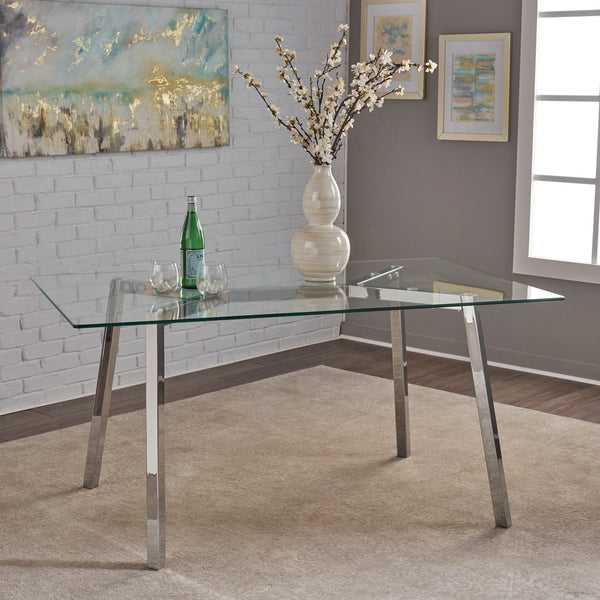 English Elm Christopher Knight Home® - DINING Clear Tempered Glass Table with Chrome Iron Frame, Modern Glam 59"W x 35.5"D x 29.5"H Elegance 61541.00