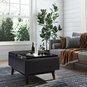 English Elm Owen - Mid-Century Style Coffee Table Ottoman With Storage & Serving Trays In Distressed Black Vegan Leather B136P160673-GIGA