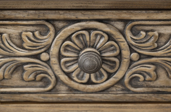 Hooker Furniture Bexar Weathered Sandstone Console With Carved Gambel Oak Motifs, Drawers & Aged Pewter Hardware 5960-85002-MWD