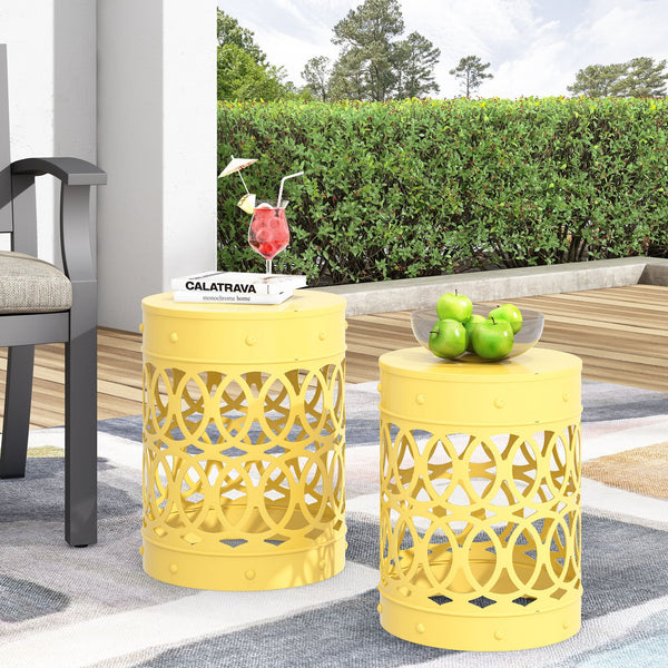 English Elm Outdoor Powder-coated Iron Nesting Accent Tables Set of 2 Laser-cut Circle Design Yellow 73606.00YLW