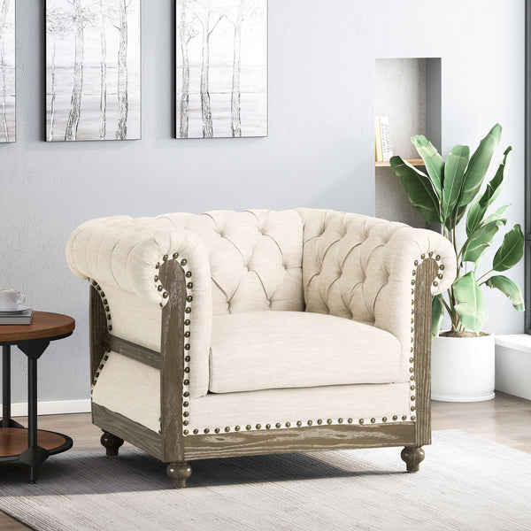 English Elm Christopher Knight Home® - CLUB Chair with Chesterfield-Inspired Button Tufting, Scrolled Arms & Nailhead Trim for Living Room Beige 40.5 L x 34.5 W x 25.75 H 72759.00BGE