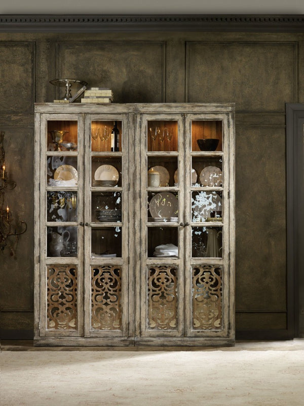 Hooker Furniture Chatelet Rustic-Luxury Bunching Curio Cabinet With Seeded Glass, Adjustable Shelves & Interior Light 5351-75908