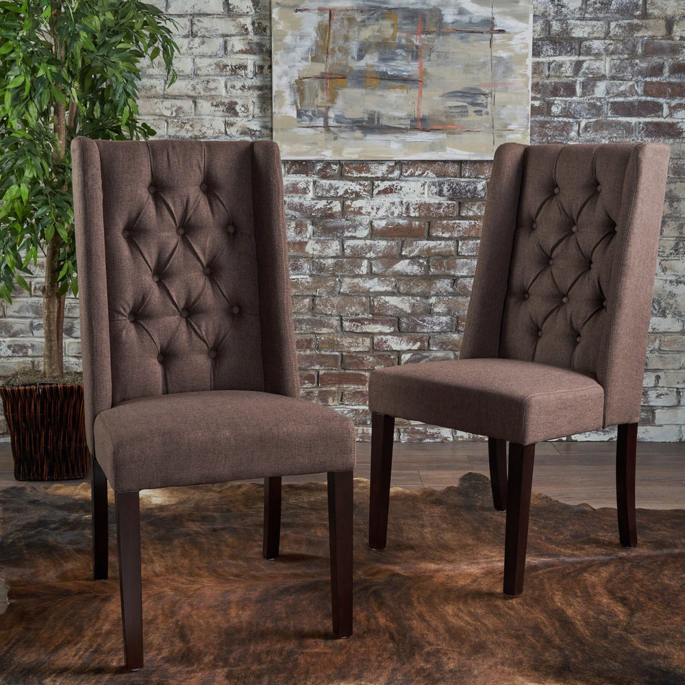 English Elm Dining Chair Set of Two Wingback Button Tufted High Back Birch Leg Upholstered Dark Brown 61539.00DBRN