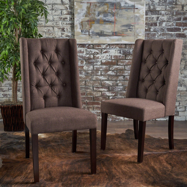 English Elm Dining Chair Set of Two Wingback Button Tufted High Back Birch Leg Upholstered Dark Brown 61539.00DBRN
