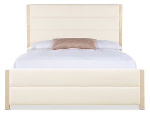 Hooker Furniture Westwood Queen Upholstered Bedframe With Trendy Snow Performance Fabric And Polished Limestone Oak Veneer Elegance 90.75 L x 81.00W x 68.00H 6133-90866-80