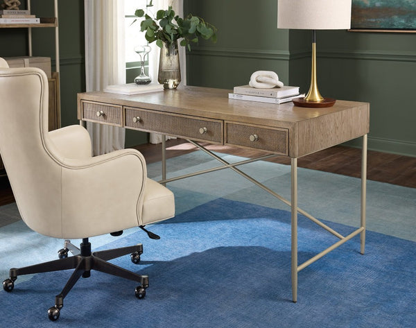 Hooker Furniture Sonnet Roomy Writing Desk With White Oak Veneer, Woven Cane Drawers & Reversible Insert — Versatile Workspace 6072-10458-85