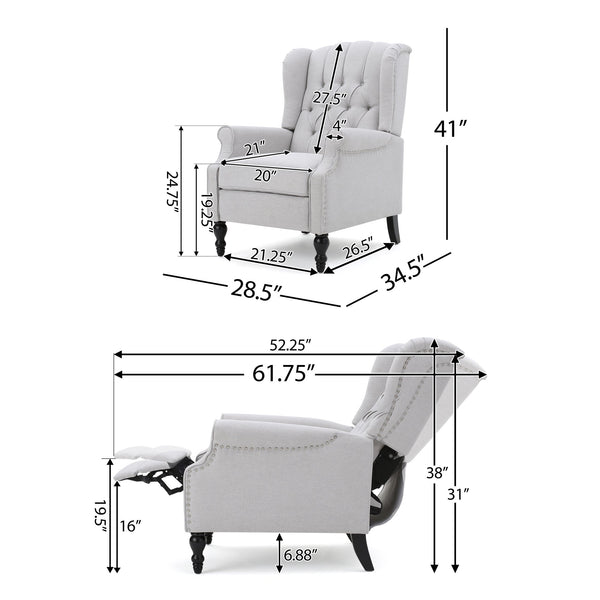 English Elm Christopher Knight Home® - Light Grey Tufted Fabric Arm Chair Recliner with Wingback Design, Button-Tufted Diamond Stitch Comfort and Pushback Recline, 28.5"W x 62"D Fully Reclined — Stylish Living Room Accent 56992.00LGY